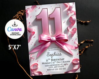 Pink Bow 11th Birthday Invitation, Girls Coquette Invite (Editable Template, Instant Download)
