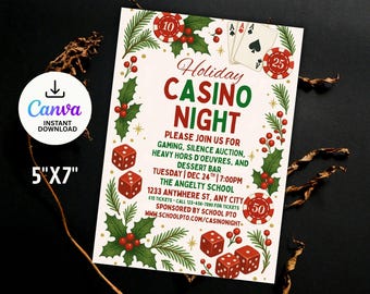 Puede incluir: Una invitación festiva para una Noche de Casino Navideña, con texto rojo y verde, dados, naipes y fichas de casino. El folleto de 12,7 cm x 17,8 cm incluye detalles del evento y está disponible para descarga instantánea.