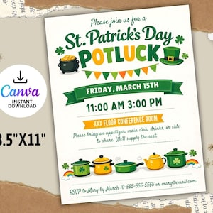 Op de afbeelding: St. Patrick's Day Potluck uitnodiging met groene en gouden accenten. Het ontwerp bevat een pot met goud, een kabouterhoed en klavers. De uitnodiging is 21,6 cm x 27,9 cm en bevat het Canva Instant Download logo.