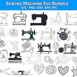 Puede incluir: Una colección de gráficos SVG con temática de máquinas de coser en varios estilos, incluyendo arte lineal, siluetas e ilustraciones detalladas. Los diseños presentan máquinas de coser, carretes de hilo, tijeras y botones. El texto "SEWING MACHINE SVG BUNDLE" está en la parte superior.