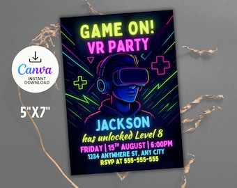 Invitación de cumpleaños de neón VR: Fiesta de videojuegos editable (Plantilla de Canva)