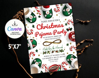 Christmas Pajama Party Invitation, Holiday Sleepover, Editable Canva Template (5x7 Inches)