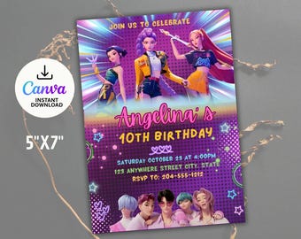 Kpop Demon Hunters Birthday Invitation, K Pop Warriors Invitation, Printable Birthday Party Invite Digital Download, Editable Canva Template