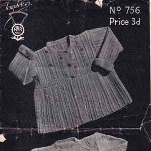 May include: Vintage knitting pattern featuring two short-sleeved cardigans. The top cardigan has a ribbed texture with button details, while the bottom one showcases a leaf-like pattern. The image is in black and white.