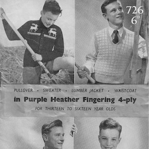 Puede incluir: Un patrón de tejido para un jersey, suéter, chaqueta de leñador y chaleco para niños. El patrón es para niños de 13 a 16 años y está hecho con hilo de fingering de color morado heather. El patrón es de P&B Wools.