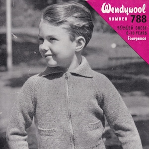 May include: A vintage black and white image of a young boy wearing a gray zip-up sweater with pockets. The sweater has a collared neckline. The image is from a Wendywool knitting pattern, number 788, for a 26/28/30 chest size, ages 6-10.