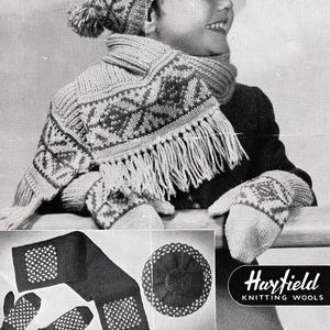 May include: A vintage knitting pattern leaflet titled No. 9020 featuring a child wearing a Fair Isle patterned beret, scarf with fringe, and mittens. The leaflet includes text for 2 children's sets, Hayfield Knitting Wools, and 4-ply fingering.
