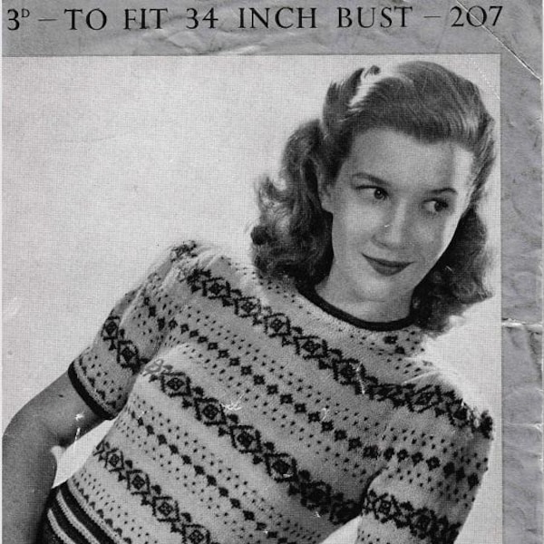 Vintage Fair Isle Jumper Knitting Pattern – Patons 207 (34” Bust, PDF Digital Download)