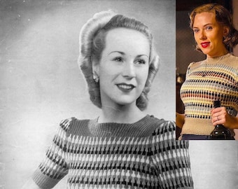 Modello PDF per maglione arcobaleno vintage anni '40 Lavenda 915 Maglione della Seconda Guerra Mondiale, taglia busto 32-34