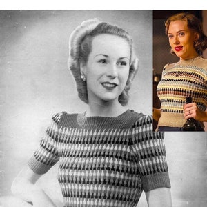 May include: A black and white photo of a woman wearing a striped knit sweater. The sweater has a crew neck and short sleeves. The photo is from a vintage knitting pattern book. The text on the page reads "Hand Knitwear in Lavenda".