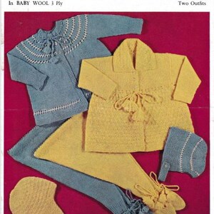 May include: Vintage knitting pattern for baby pram sets, featuring two outfits. The image shows a blue cardigan with white trim, a yellow cardigan with a tie, matching pants, and two bonnets. The text reads "PRAM SETS - 6-12 MONTHS".