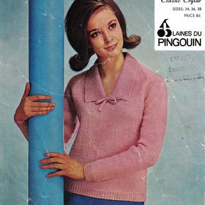 Patrón de tejido de suéter raglán vintage: Laines du Pingouin 614 (Descarga en PDF, busto 34-38 pulgadas)