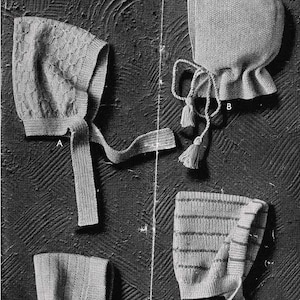May include: Image of four knitted pixie hoods. The hoods are in various styles, including one with a textured pattern and ties, another with a ruffled edge and tassels, and two others with ribbed designs. The text "PIXIE HOODS" and "PATONS BEEHIVE FINGERING, 3-PLY" are visible.