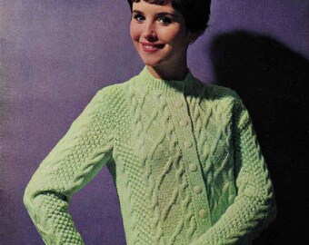 Modello PDF per cardigan Aran vintage a maglia – Maglione aderente a trecce, cardigan da donna anni '60 in filato DK