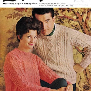 May include: Vintage magazine cover featuring a man and woman wearing knitted sweaters. The woman wears a coral-colored sweater with cable and diamond patterns. The man wears a beige sweater with similar patterns. The text "Lee Target" is at the top.