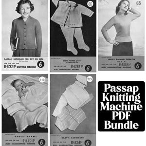May include: A collection of vintage knitting patterns from the Passap Knitting Machine. The images showcase various knitted garments, including a cardigan, a matinee jacket with breeches, a dolman sweater, a baby's shawl, and baby cardigans. The patterns are for use on the Passap knitting machine.