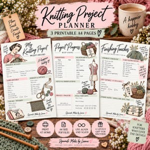 Puede incluir: Un conjunto de tres páginas A4 imprimibles tituladas Knitting Project Planner, que incluyen secciones para detalles del proyecto, seguimiento del progreso y toques finales. Las páginas contienen ilustraciones de lana, agujas de tejer, tijeras y un maniquí.
