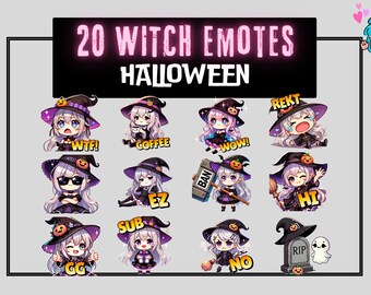 Peut inclure: Vingt émoticônes de sorcières pour Halloween. Chaque émoticône représente une sorcière de dessin animé avec une expression et un texte différents. Les émoticônes sont disposées en grille sur un fond noir avec une bordure rose.