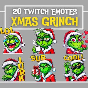 Peut inclure: 20 émoticônes Twitch mettant en scène un Grinch vert dans différentes poses sur le thème de Noël. Les émoticônes incluent "LOL", "SUB", "COOL", "LURK", et d'autres. Les émoticônes sont dessinées dans un style cartoon avec une palette de couleurs rouge et verte festive.