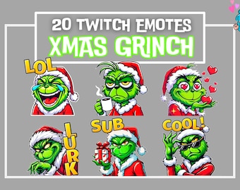 May include: 20 Twitch emotes featuring a green Grinch character in various Christmas-themed poses. The emotes include "LOL", "SUB", "COOL", "LURK", and others. The emotes are designed in a cartoon style with a red and green color scheme.