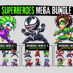 18 émoticônes de super-héros twerk | Pack d&#39;émoticônes animés Twitch | Émoticônes personnalisées amusantes pour streamers | Emotes Twerk pour Twitch et Discord