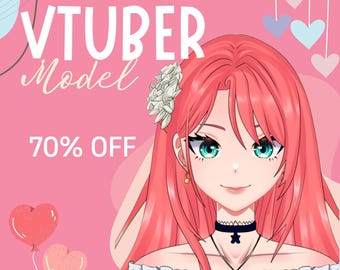 May include: A pink and white digital illustration of a female anime character with long pink hair, green eyes, and a white flower in her hair. The text "VTUBER Model 70% OFF" is in the upper left corner of the image.