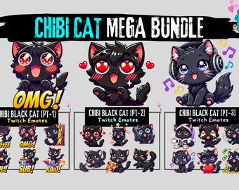 46 Chibi Black Cat Twitch Emotes Mega Bundle | Animated Emotes & Alerts