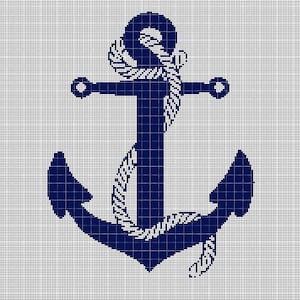 May include: A navy blue anchor with a white rope wrapped around it. The anchor is on a white grid background.