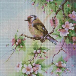 Bird in blossom cross stitch pattern in pdf DMC