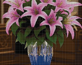 Lilies in a vase cross stitch pattern in pdf DMC