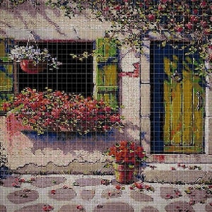 Floral window cross stitch pattern in pdf DMC