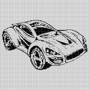 Pode incluir: Imagem de pixel art em preto e branco de um carro desportivo. O carro está virado para o espectador e tem uma faixa preta no capô. O carro tem um spoiler preto e rodas pretas.