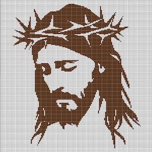 May include: A brown cross stitch pattern of Jesus Christ with a crown of thorns. The image is in a simple, minimalist style.