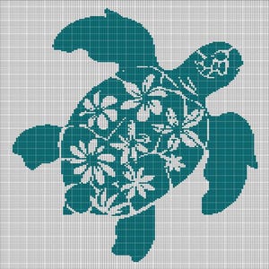 May include: Teal blue silhouette of a sea turtle with white floral designs on its shell.