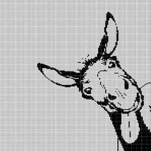 May include: Black and white pixel art illustration of a donkey's head, tilted to the right. The donkey's ear is upright, and its tongue is sticking out. The image has a grid-like pattern.
