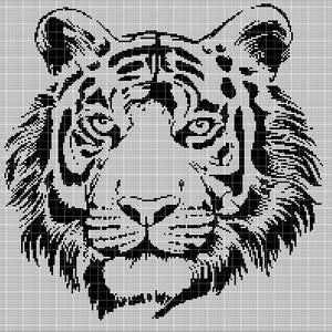 Könnte beinhalten: Schwarzweißes Pixel-Art-Bild eines Tigergesichts. Der Tiger hat schwarze Streifen auf weißem Hintergrund.