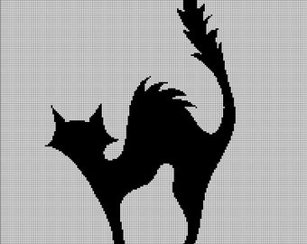 May include: A black silhouette of a cat with an arched back and a raised tail. The cat's fur is bristling, and its ears are pointed. The image is a pixelated design, perfect for Halloween or spooky-themed crafts.