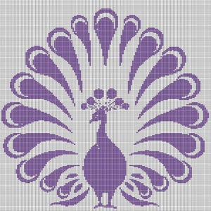 May include: A purple peacock design on a white grid background. The peacock is depicted with its tail feathers fanned out, and a crown of feathers on its head. The design is made up of small squares, creating a pixelated effect.