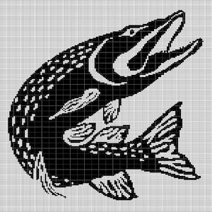 May include: Black and white pixel art design of a fish with its mouth open, jumping out of the water. The fish has a detailed pattern of scales and fins.
