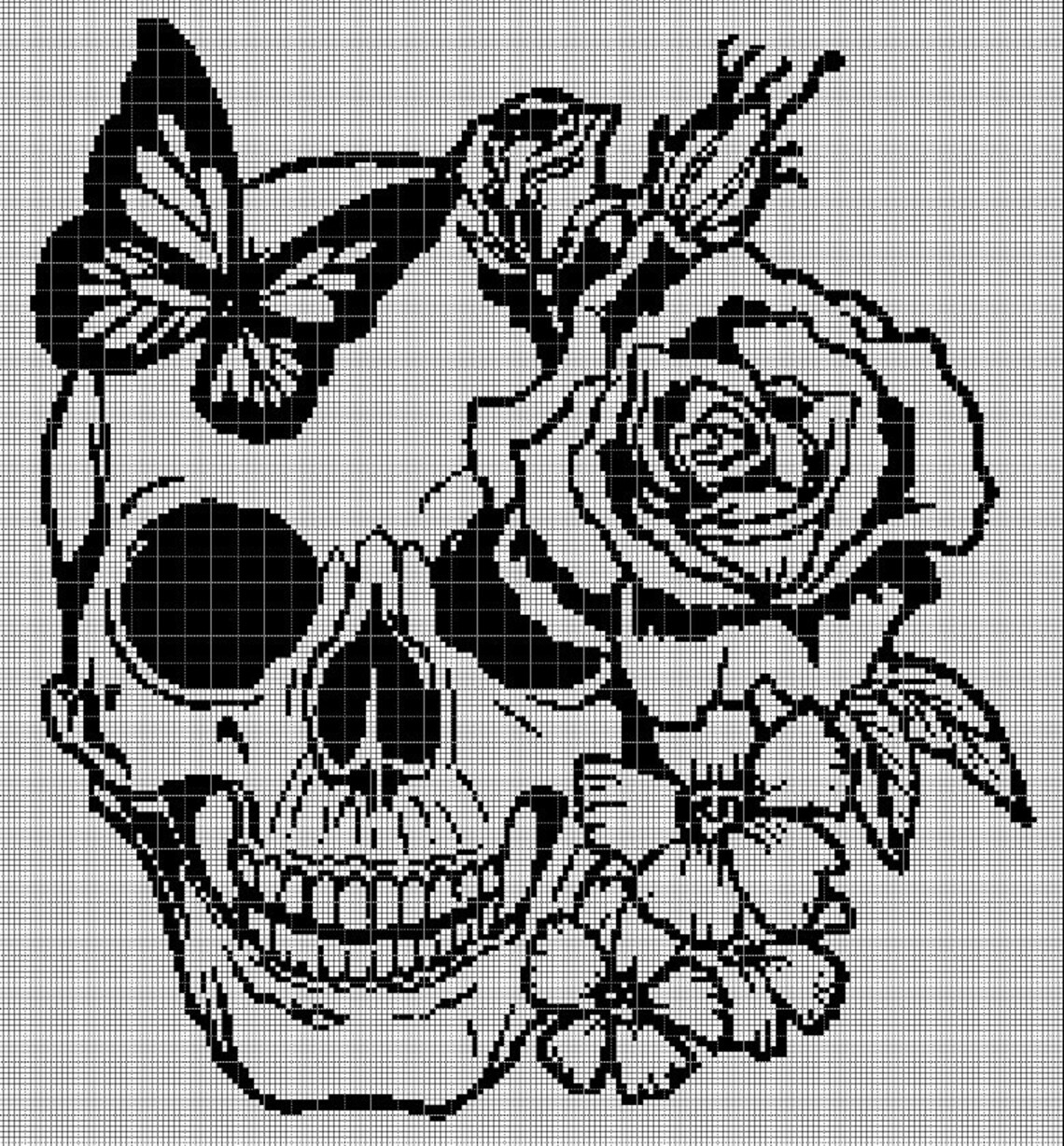 Skull With Flowers Silhouette Cross Stitch Pattern in Pdf - Etsy