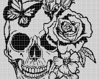 Skull with flowers silhouette cross stitch pattern in pdf