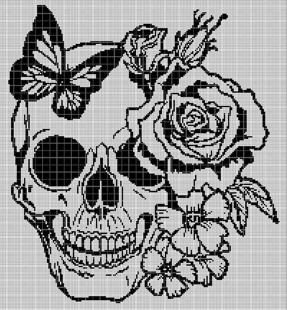 Skull With Flowers Silhouette Cross Stitch Pattern in Pdf - Etsy