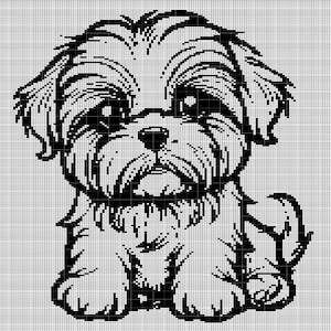 Op de afbeelding: Zwart-witte pixel art illustratie van een kleine, harige hond met grote ogen. De hond zit met gekruiste poten en kijkt recht naar de kijker.