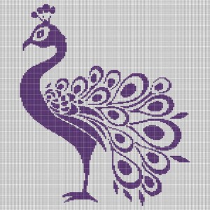 May include: Purple peacock cross stitch pattern with a detailed design of the bird's feathers.