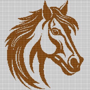 May include: Brown horse head silhouette with a flowing mane, outlined in white against a white background.