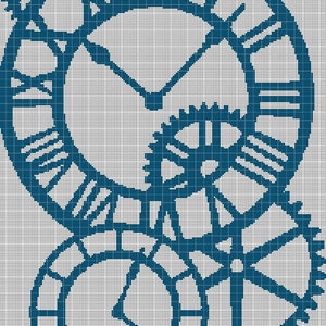 May include: A blue clock face with Roman numerals and gears. The clock face is surrounded by a circle of gears.