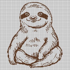 Puede incluir: Ilustración marrón y blanca de un perezoso sentado erguido. El perezoso tiene ojos marrones oscuros y una expresión sonriente. La imagen es un patrón de punto de cruz sobre un fondo de cuadrícula.