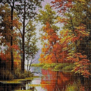 Autumn at the river cross stitch pattern in pdf DMC