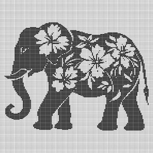 Peut inclure: Motif de point de croix noir et blanc d'un éléphant avec des motifs floraux. L'éléphant est debout, la trompe levée. Les motifs floraux sont en forme de fleurs d'hibiscus.