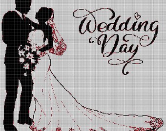 Puede incluir: Silueta en blanco y negro de una novia y un novio con el texto "Wedding Day" en una fuente decorativa.